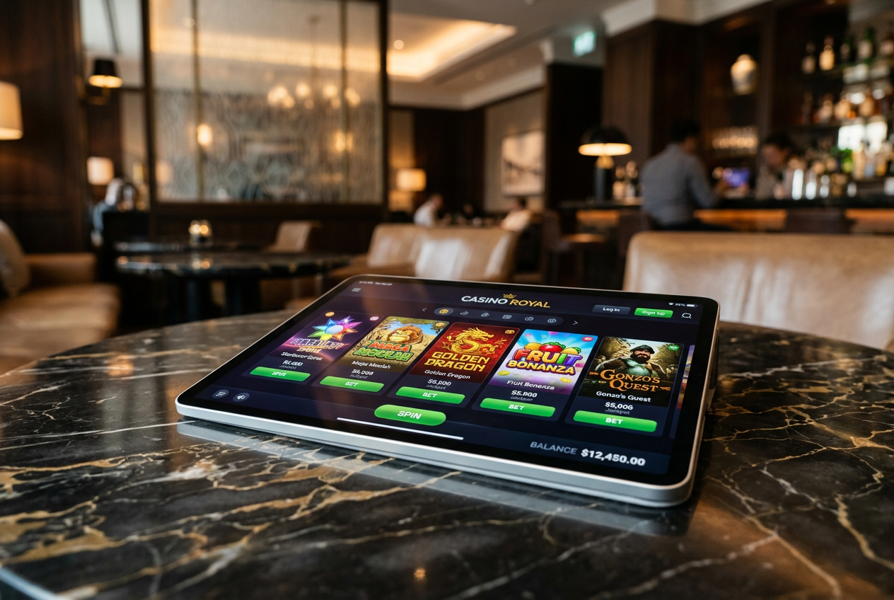 A high-end digital tablet displaying a modern online casino interface with vibrant slot games.