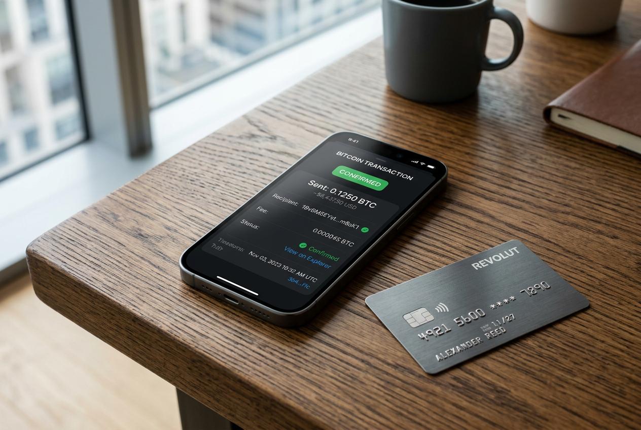 A smartphone showing a successful cryptocurrency transaction next to a modern bank card.